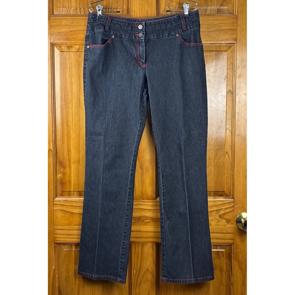 Bisou Bisou Dark Wash Denim Jeans Size 12 Red Contrast Stitch Bootcut Y2K